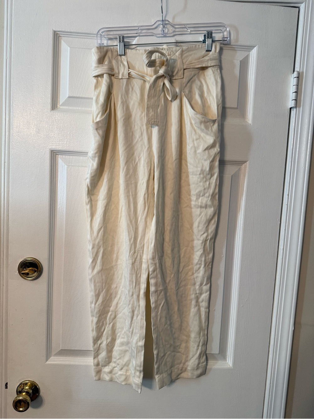 High-Waist Tie-Belt Pants — Cream